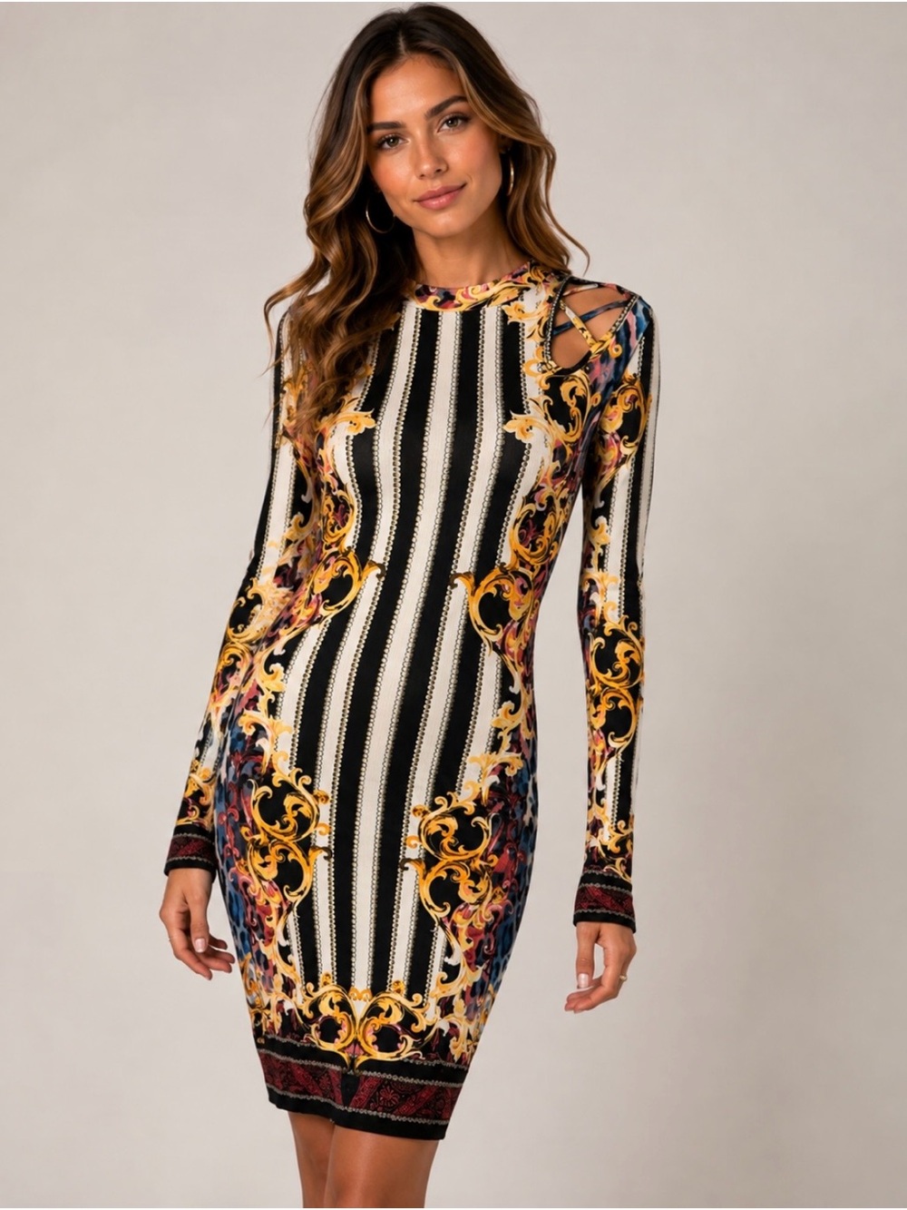 VENUS Black, White & Gold Baroque-Striped Long-Sleeve Bodycon Dress
